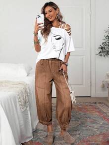 EMERY ROSE 女式休闲松紧腰宽松水洗牛仔裤，秋季 - 咖啡棕 - 查看 5