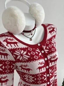 Elamini 圣诞休闲提花针织修身连体衣 - 紅色 - 查看 4