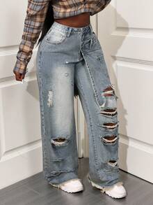 BamGleam Jeans anchos de pierna ancha con estilo casual de moda callejera, con efecto rasgado y bordes crudos para mujeres