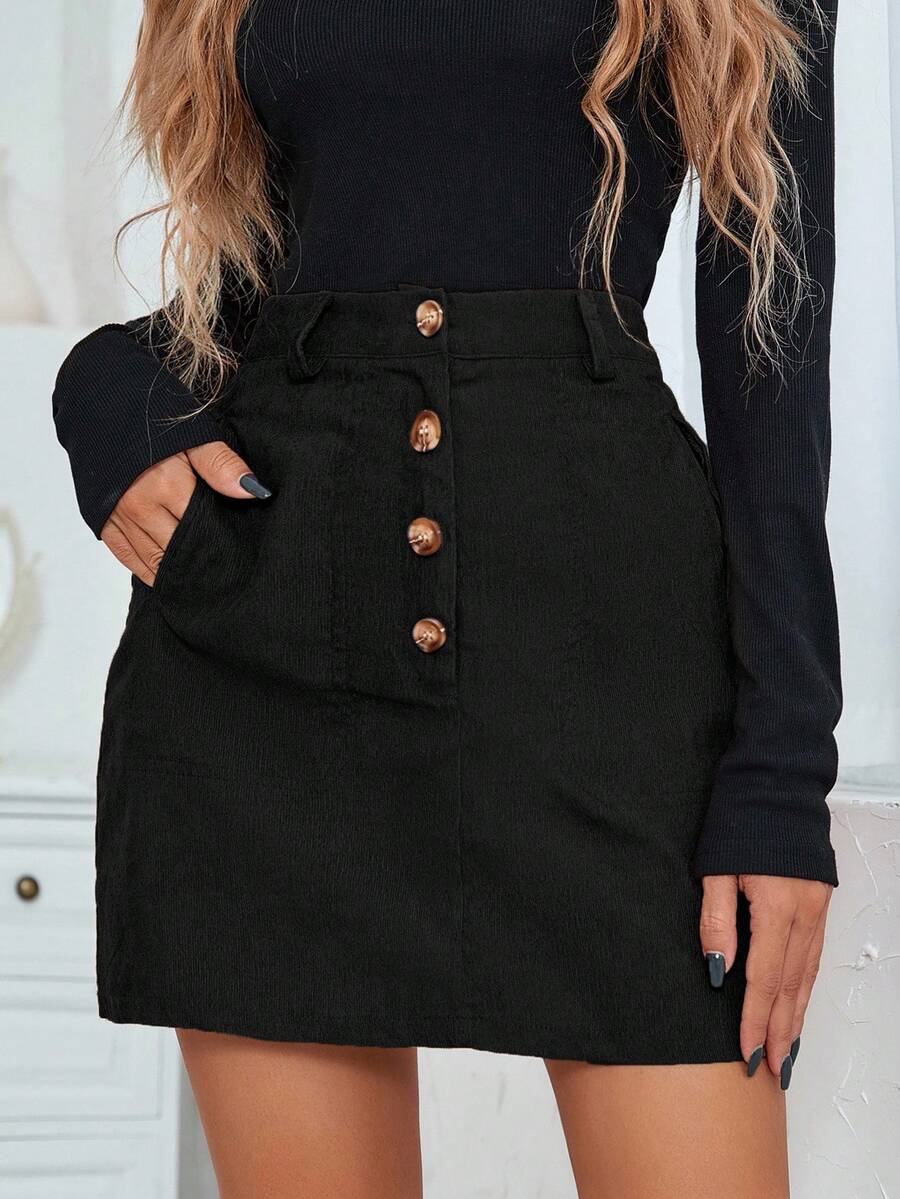 EMERY ROSE Women's High Waist Button Front Pocket Casual/Work Midi Skirt - Black - View 1