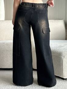 Dazy Plus Jeans en denim à jambes larges et lâches, taille élastique, grande taille, toutes saisons - Noir - Voir 2