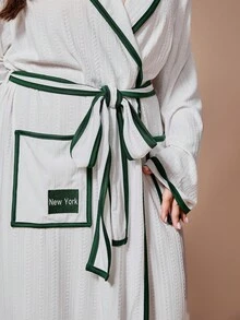 Lazeform Bata de mujer de talla grande, informal y de invierno, con mangas largas, ribete de contraste, bordado de letras y cinturón