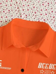 INAWLY Camiseta naranja casual de mujer de manga corta con media cremallera y estampado de letras - Naranja - Ver 3