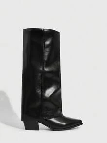 CUCCOO SZL Bottes hautes à bout pointu et enfiler pour femmes, en cuir lisse noir avec talon épais, mi-mollet, sexy et polyvalentes