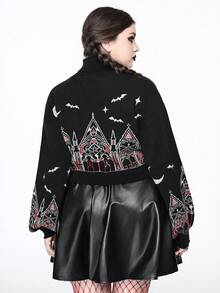 ROMWE Gothic Christmas Castle & Cross Pattern Plus Size Women Turtleneck Contrast Color Pullover Sweater - Black - View 3