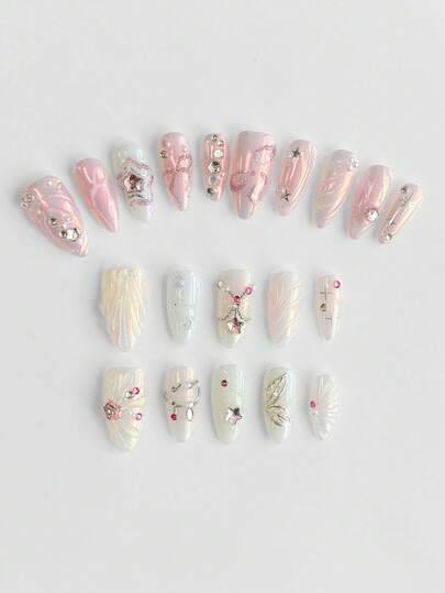 Anime 10pcs Cute Wings, Rose, Bow, Music Note, Star Element High Quality Handmade False Nails + 3pcs Double-Sided Adhesive, Y2K Style Rhinestone Pink Polka Dot White Lace Removable Manicure Stickers, Suitable For Holidays, Parties, Dancing And Daily Wear