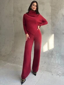 Firerie Conjunto de suéter feminino de malha com manga comprida e bainha assimétrica, cor sólida, conjunto casual de malha para deslocamento diário, conjunto de suéter assimétrico, conjunto feminino para deslocamento diário, conjunto vinho tinto, conjunto de blusa solta, roupas de primavera/outono/inverno, elegante, para deslocamento diário, casual, diário, minimalista