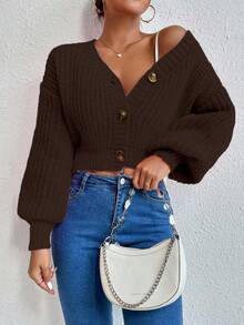 EMERY ROSE Casual Solid Color Lantern Sleeve Cropped Cardigan, Versatile For Autumn/Winter - Coffee Brown - View 5