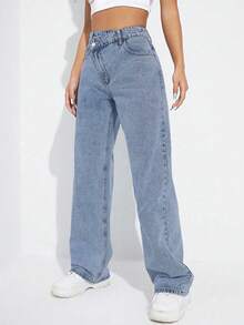 SHEIN ICON Plus Size Women Asymmetrical Waist Personalized Fashion Denim Pants, Autumn