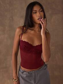 SHEIN BAE Women's Contrast Lace Cropped Fitted Sexy Camisole - Burgundy - View 3