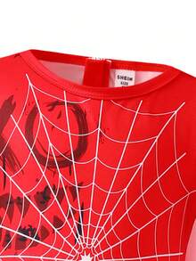 SHEIN 2 件套年轻男孩蜘蛛角色扮演服装，包括短袖连体衣和斗篷，适合角色扮演表演和活动