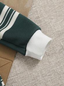 SHEIN Playful Pals 男婴休闲罗纹圆领条纹刺绣长袖连体衣，秋冬季