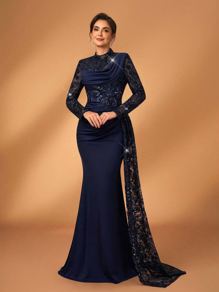 Serin Navy Blue Spring Elegant Formal Wedding Mother Of The Bride Evening Gown,Beaded Sequin Lace Patchwork Stretch Knit Mermaid Skirt With Sheer Sleeve