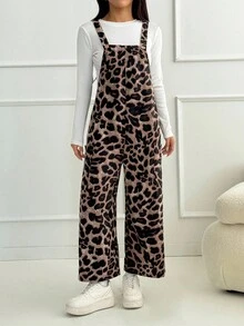 SHEIN PETITE Mono holgado con bolsillo y estampado de leopardo para mujer, otoño/invierno