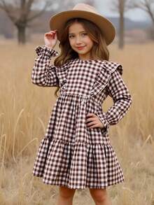 Emery Rose Kids Emery Rose Kids 青少年女孩年轻女孩双胞胎女孩格子宽松可爱休闲格子图案荷叶边饰荷叶边袖灯芯绒法式连衣裙，长袖连衣裙，秋冬格子连衣裙，夏季/秋季，非常适合休闲和日常穿着和上学日常，妈妈和女儿和姐妹搭配。 - 棕色 - 查看 8