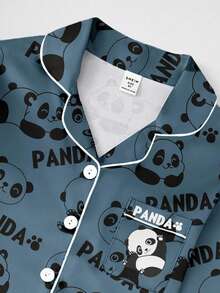 青少年男孩舒适熊猫印花纽扣前开上衣和裤子睡衣套装，秋季 - 霧霾藍 - 查看 7