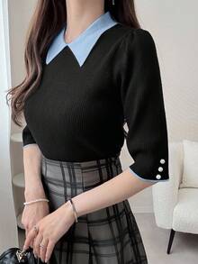 FRIFUL Women's Contrast Ribbed Pearl Button Embellished Knit Top - Blue - View 3