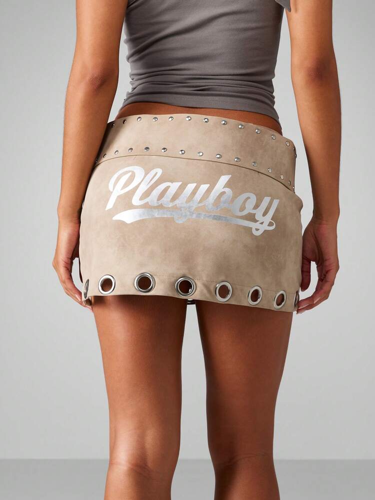 Missguided x Playboy Metallic Eyelet Mini Skirt With Faux Suede Finish Belt Detail High Waist Design Mini Length Party Festival Club Wear