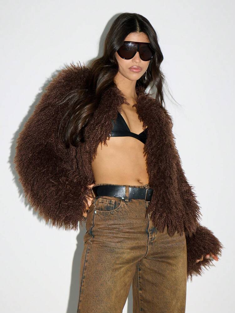 KIZN Mongolian Shaggy Fur Cropped Jacket With Plush Texture