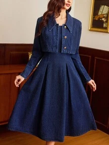 Vintamour 女士时尚通勤短款牛仔夹克和连衣裙套装 - 深色水洗藍 - 查看 8