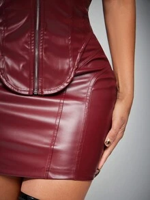 Radiana Women's Sexy Burgundy Glossy PU 2-Piece Outfit - Halter Zip-Up Crop Top & Bodycon Mini Skirt, Stretchy PU Material Hugs Body, Suitable For Parties, Clubs, Festivals, Halloween, Holidays Red Leather Dress Red Wine Dress - Burgundy - View 3