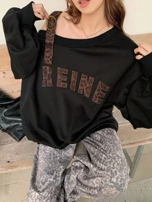 DAZY 女士豹纹单肩韩版字母休闲长袖卫衣，秋冬 - 黑色 - 查看 3