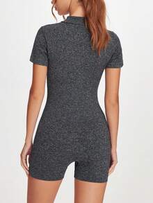 SHEIN Sports 短袖连体裤/白色拉链拼色/立领瑜伽服/修身款，适合跑步/普拉提和健身房锻炼/轻盈、有弹性、舒适/多功能 - 黑色 - 查看 3