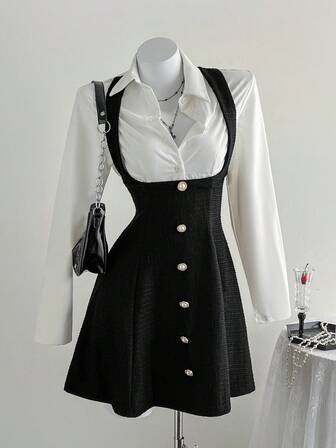 Sweetra 初秋优雅拼色腰部收紧纹理面料Polo领仿吊带A字型女式短款连衣裙