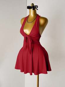 Mistrie 女士性感露背挂脖迷你连衣裙，夏季 - 酒紅色 - 查看 5