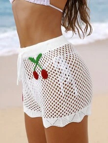 Swim Mod Conjunto de pantalones cortos cubierta para mujer de vacaciones casual de unicolor transparente con cordón y parche de frutas para el verano - Blanco - Ver 5