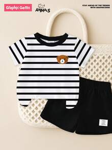 SHEIN 幼儿男童泰迪熊条纹印花圆领短袖 T 恤和黑色短裤休闲装，夏季套装 - 彩色 - 查看 7