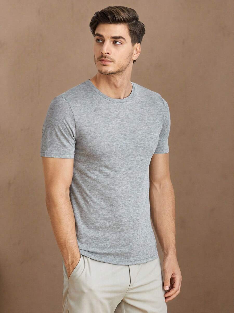 Mainfolk Men Solid Round Neck Short Sleeve Tee, For Going Out, For Friends - Light Grey - View 1