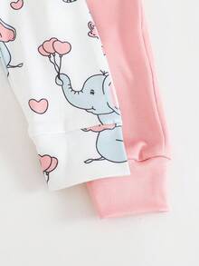 两件套女婴粉白长袖连体睡衣套装，可爱波点蝴蝶结印花设计，贴身双向拉链连脚睡衣，适合婴儿穿着，女婴睡衣套装 - 粉色 - 查看 5