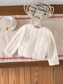 Baby Girls' Milky White Long Sleeve Fluffy Bow Cardigan Jacket, Elegant Style, Versatile For Spring & Autumn - White - View 2