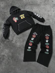 ROMWE MEN Street Life 2pcs Men Street Graphic Print Hoodie And Sweatpants Set, Suitable For Everyday Wear, Spring/Summer