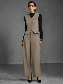 MOTF PREMIUM 纯色V领西装背心和前片接缝阔腿裤套装 - 卡其色 - 查看 4