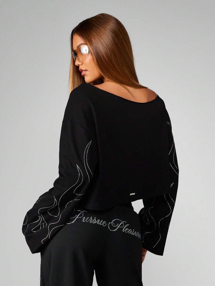 Missguided x Playboy Oversized, kurzes Langarm-T-Shirt mit kristallverziertem Flammen-Off-Shoulder-Design, Winterparty-Anlass-Oberteil, lässiger Streetwear-Stil