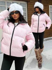 Muchica Casual Streetwear Pink And Black Hooded Padded Coat, Autumn/Winter, New Year Travel - Pink - View 8