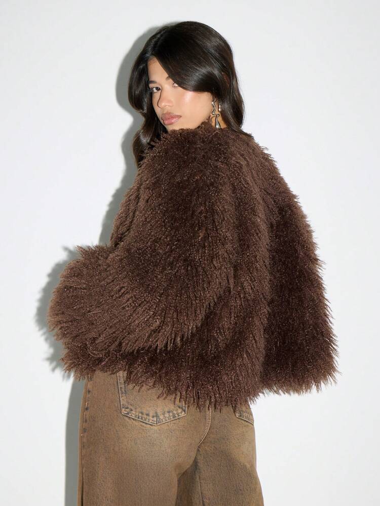 KIZN Mongolian Shaggy Fur Cropped Jacket With Plush Texture