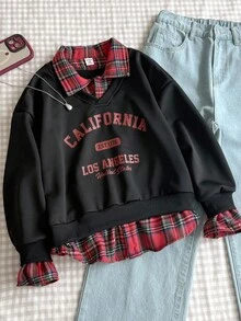 Sweetra Young Tween Girls' Casual Korean Style Sweatshirt, Woven Plaid Front Panel With Solid Knit Back, English Print, Long Sleeve Pullover Suitable For School, Outings, And Gatherings In Spring, Autumn, And Winter - Burgundy - View 3