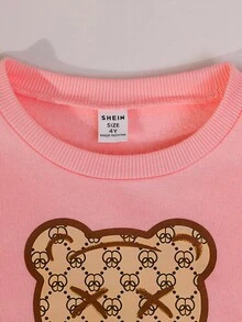 SHEIN 女童可愛圖案熊字母印花3件套休閒保暖連帽口袋背心運動衫運動長褲秋季運動服校園穿搭 - 粉色 - 查看 5