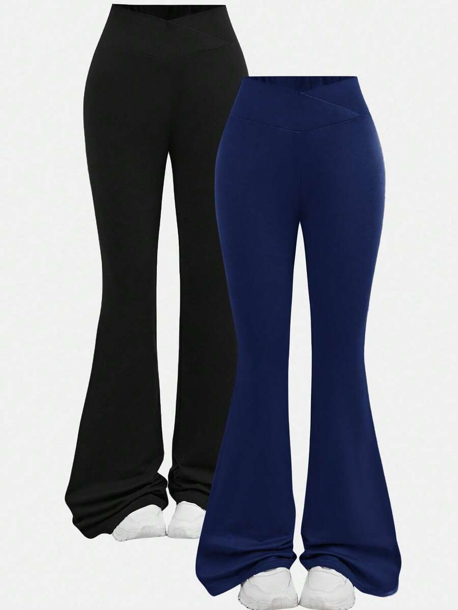 Girlism 2pcs/Set Tween Girls Solid Color Flared Pants Bottoms, Versatile Daily Wear - Navy Blue - View 1