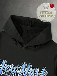 PAVTROS Manfinity Streetrush Statue Of Liberty & Letter Print Streetwear Hoodie And Pants Set, Suitable For Outdoor Music Festivals, Nightclubs, Boyfriend/Husband Gift, Anniversary Gift, Light Grey , Men Sweatsuit Set , Hoodie And Sweatpants Set , Designer Sweatsuit, Fall Clothes - Black - View 4