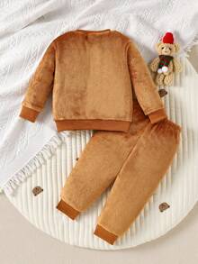 SHEIN Playful Pals Cute Round Neck Plush Baby Boy Outfit Fall Winter - Mocha Brown - View 2