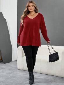 SHEIN CURVE+ 加大码 V 领罗纹下摆开衩蓝色 T 恤，秋冬女装，冬季，CURVE PLUS/秋冬 - 酒紅色 - 查看 7