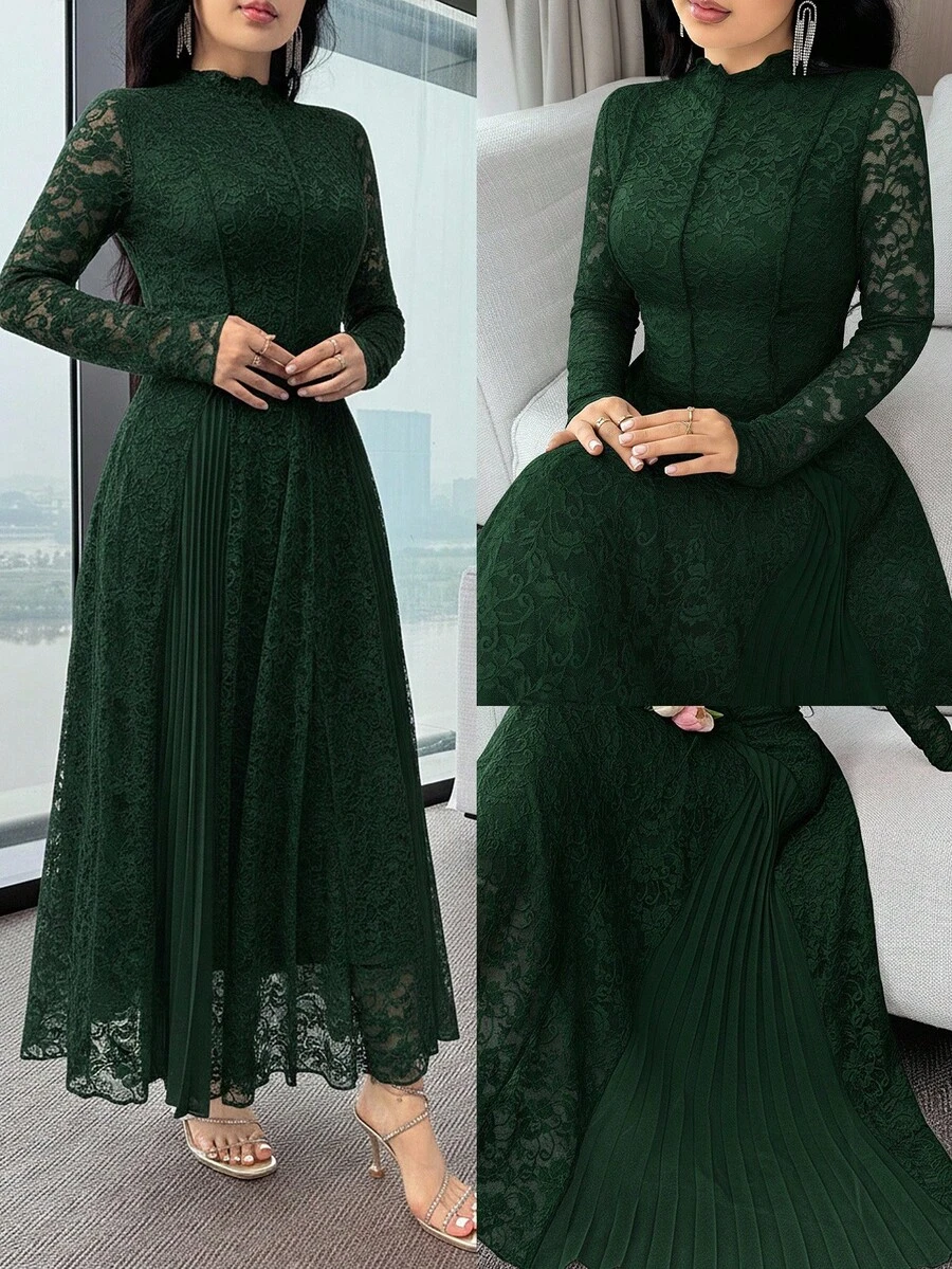 Feyla 女士优雅派对纯色蕾丝拼布连衣裙 - 墨綠色 - 查看 1