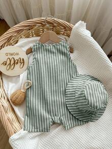SHEIN 2pcs/Set Baby Boys/Girls Summer Green & White Striped Sleeveless Jumpsuit Shorts And Matching Bucket Hat, Casual Vacation Outfits - Multicolor - View 2