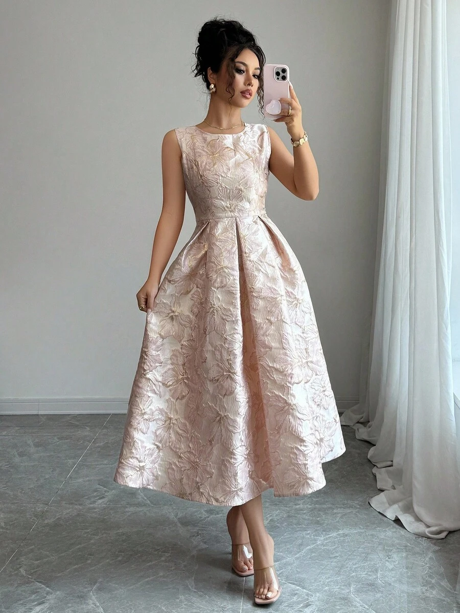 SHEIN PETITE Váy Jacquard không tay, định hình vòng eo, thanh lịch, thường ngày dành cho nữ, thích hợp cho các bữa tiệc và buổi tụ họp - Hồng - Xem 1