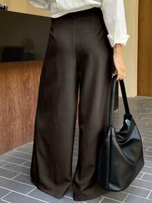 DAZY 女士纯色宽松休闲系带腰褶阔腿裤 - 咖啡棕 - 查看 5