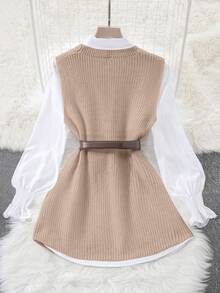 Airaco 2 件春季白色灯笼袖衬衫和宽松开襟背心毛衣套装女士 - 駝色 - 查看 2